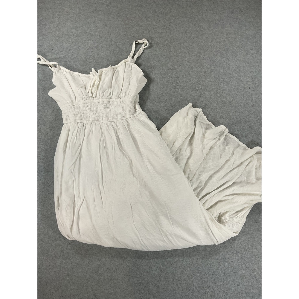 Hollister White Gauze Maxi Dress Smocked Waist Crochet Trim Tie Back XS Reg 2729